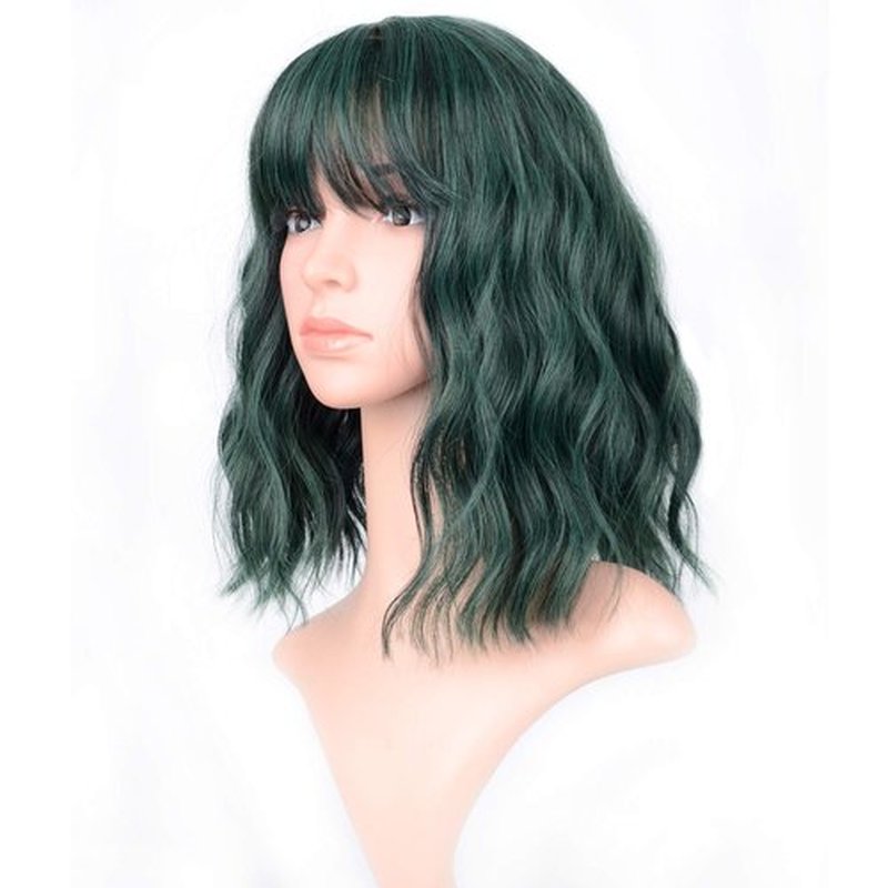 VCKOVCKO Short Bob Wigs Pastel Wavy Wig With Air Bangs Women's Shoulder Length Wigs Curly Wavy Synthetic Cosplay Wig Pastel Bob Wig for Girl Colorful Costume Wigs(12", Mix Green)