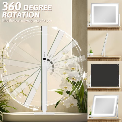 ROLOVE Vanity Mirror with Lights 22"x18", Lighted Makeup Mirror with 10X Magnification, Smart Touch 3 Colors Dimmable, 360° Rotation, White