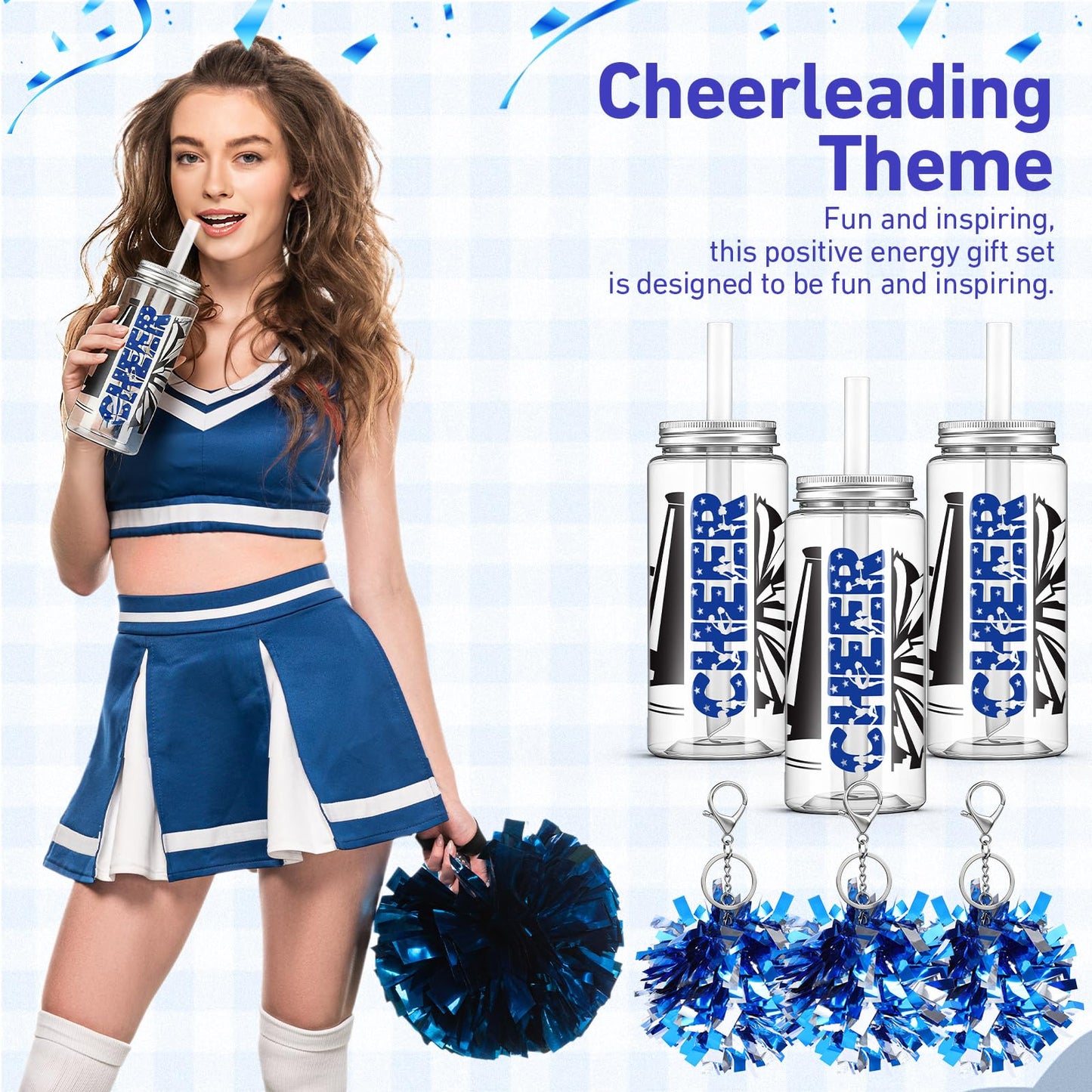 LemonRoad 36 Pcs Cheerleader Gift Bulk for Team Cheer Tumbler Cups Pom Pom Keychain Bags Bow Cheer Water Bottles with Lid and Straw for Cheerleader Women Girl Sport Party Favor Senior Night(Blue)