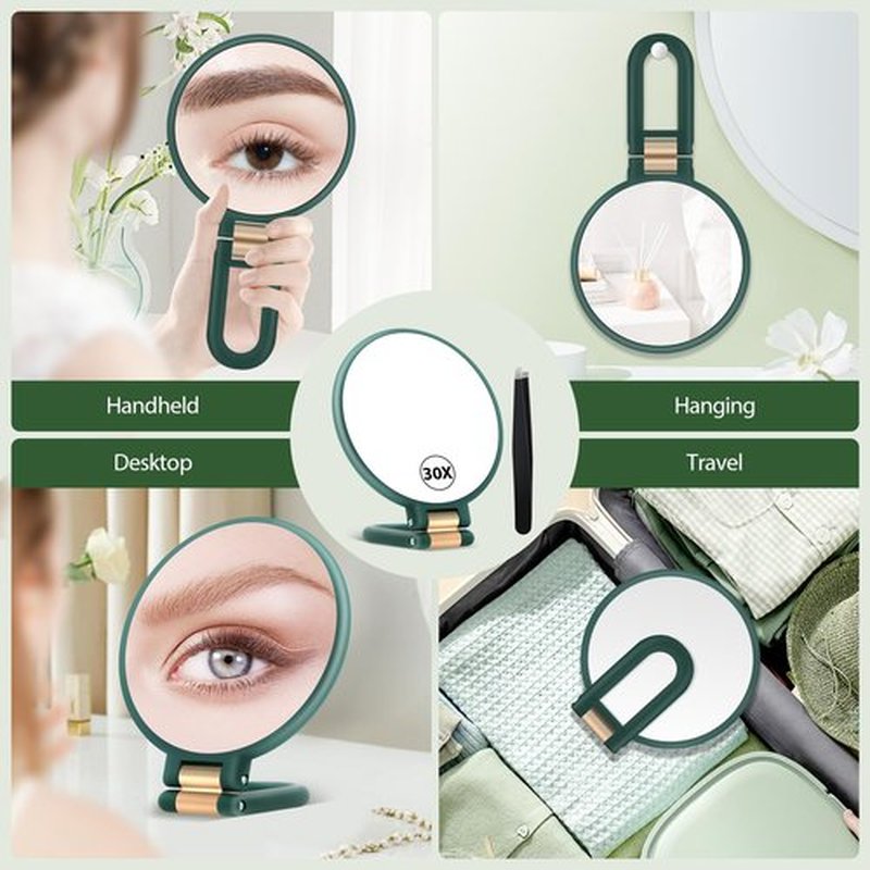B Beauty Planet Handheld Magnifying Mirror, Double Sided Travel Magnifying Mirror with 30X/1X Magnification, 360°Adjustable Handle and Precision Tweezers, Portable Multi-Purpose Makeup Mirror Green