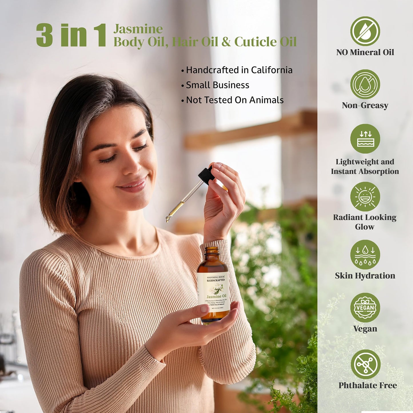 Soothing House Jasmine Body, Hair & Nail Oil: Nourishing & Fast-Absorbing, Lightweight Glow, with Vitamin E, Jojoba & Sweet Almond, All-Natural, 4 Fl Oz