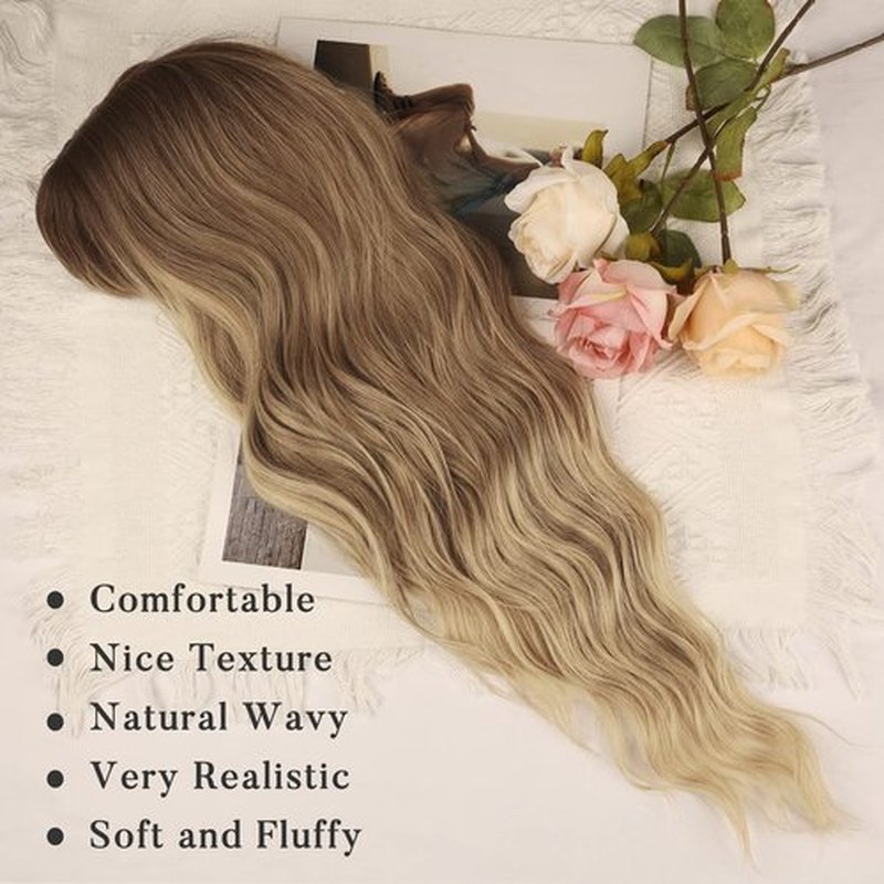 NAYOO Blonde Wigs with Bangs for Women Long Curly Wavy Hair Wigs Heat Resistant Synthetic Fiber Wigs for Daily Party Use 26 Inches (Ombre Blonde)