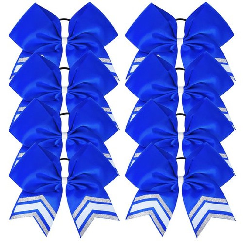 DEEKA 8PCS Large Glitter Cheer Bows Shiny 7" Cheer Hair Bows Ponytail Holder Handmade for Cheerleader Girls Softball Sports -Royal Blue/g Silver