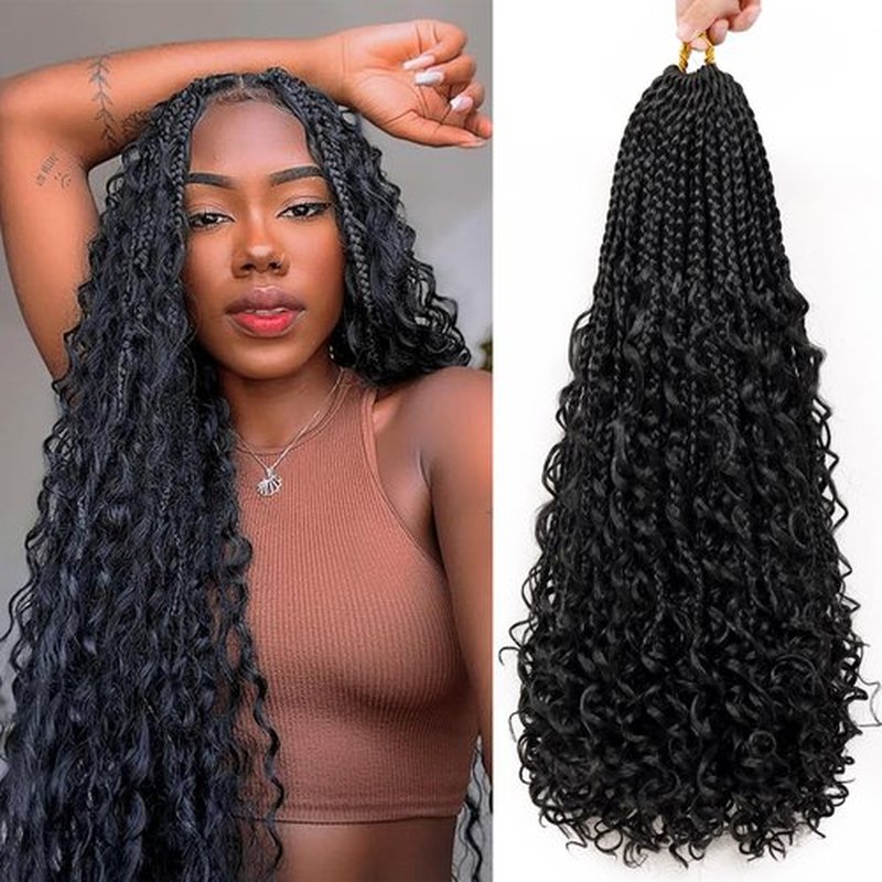 Eerya 8 Packs Boho Box Braids Crochet Hair for Black Women 18 Inch Goddess Box Braids Pre-looped Bohemian Crochet Box Braids With Curly Ends Synthetic Crochet Hair Extensions (18 inch, 1B)