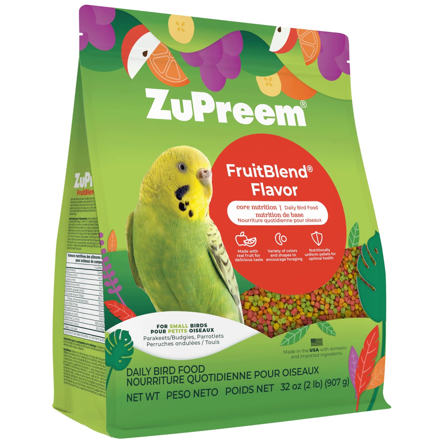 ZuPreem FruitBlend Bird Pellets, Daily Bird Food for Parakeet, Budgie, Parrotlet, Dove, Core Nutrition for Small Birds, Made in USA, Parakeet & Budgie Food (S, 2 lbs)