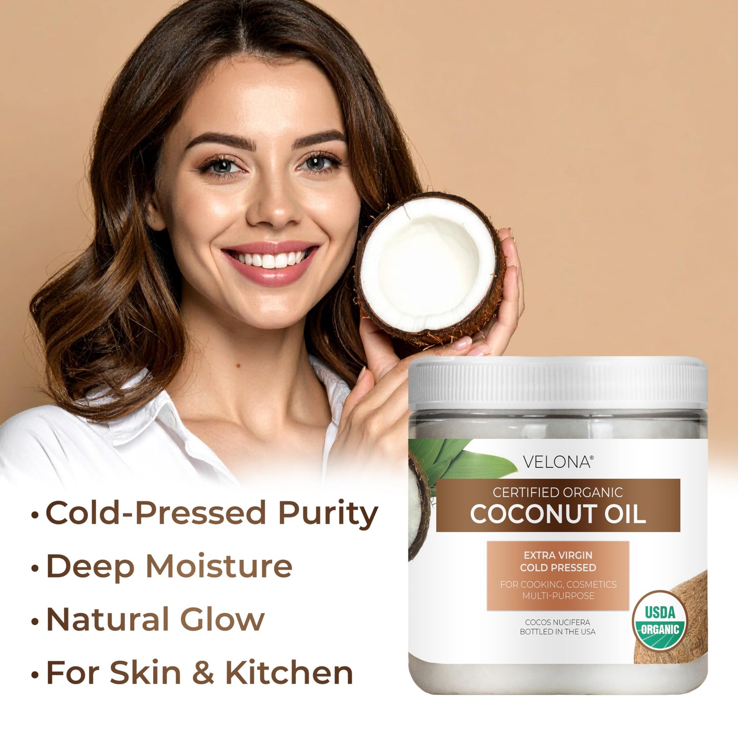 velona USDA Certified Organic Coconut Oil Extra Virgin - 2 fl oz | Food and Cosmetic Grade | in jar | Extra Virgin, Cold Pressed