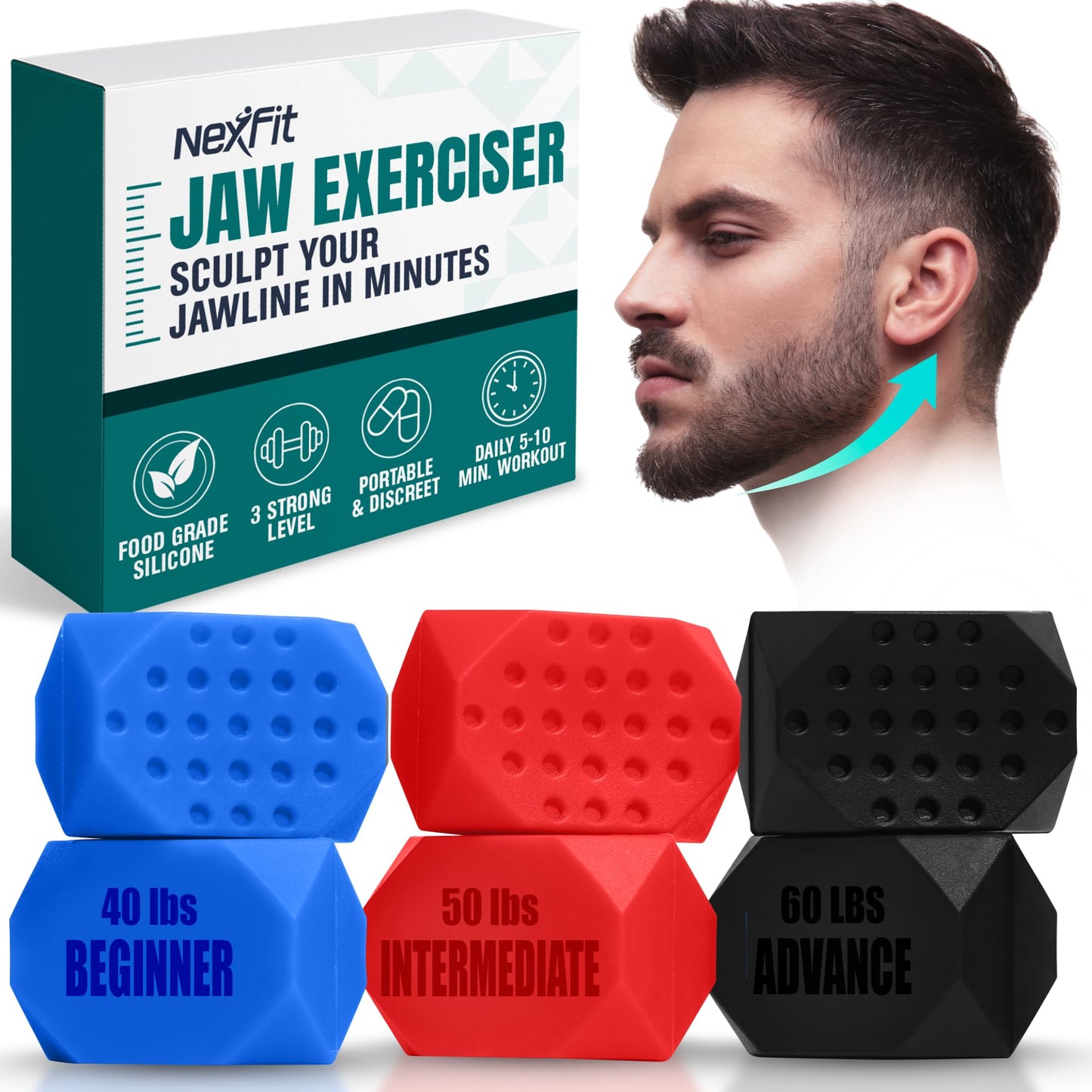 NexFit Jaw Exerciser for Men & Women – 3-Level Resistance Jaw Trainer for Men & Women – Food-Grade Silicone Double Chin Reducer – 6 Piece Kit with Carry Cases – Compact Mewing Jawline Shaper for Women