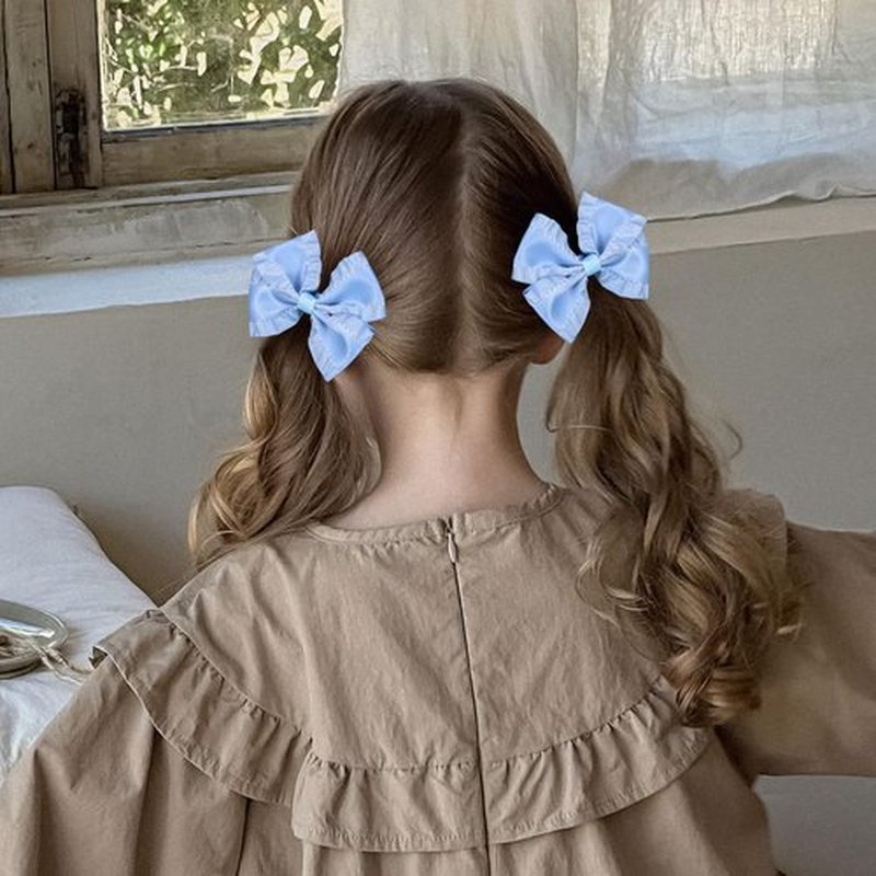 2pcs Antique Blue Satin Ruffle Edge Ribbon Bow Hair Clips 3in Silky Satin Bow-knot Alligator Barrettes Hairpins Ponytail Holder Accessories for Little Girls Toddlers Teens Kids Child