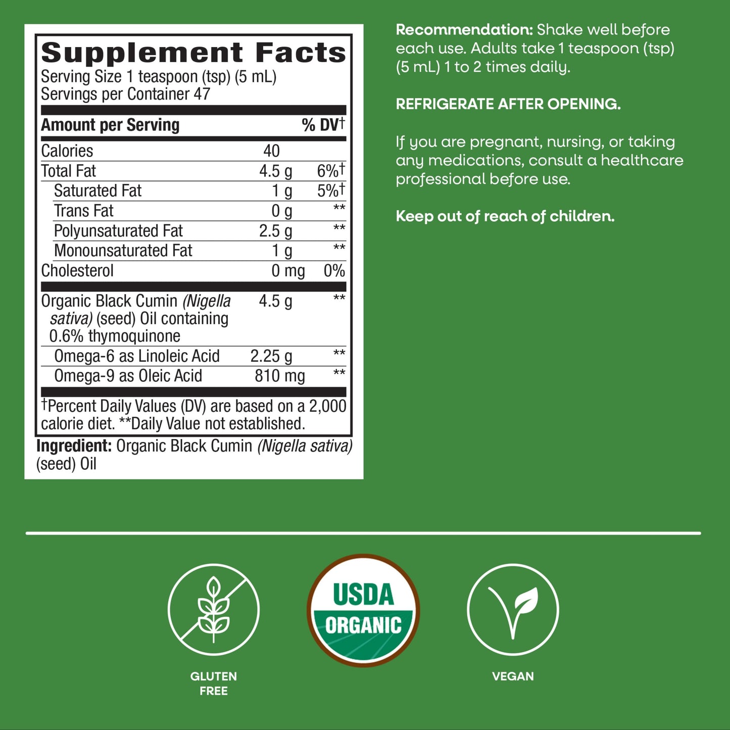 Nature's Way Organic Black Seed Oil, Supports Antioxidant Pathways*, Cold Pressed, Unrefined, Vegan, Plant Powered Dietary Supplement, USDA Certified Organic Black Cumin Seed Oil, 8 Fl Oz
