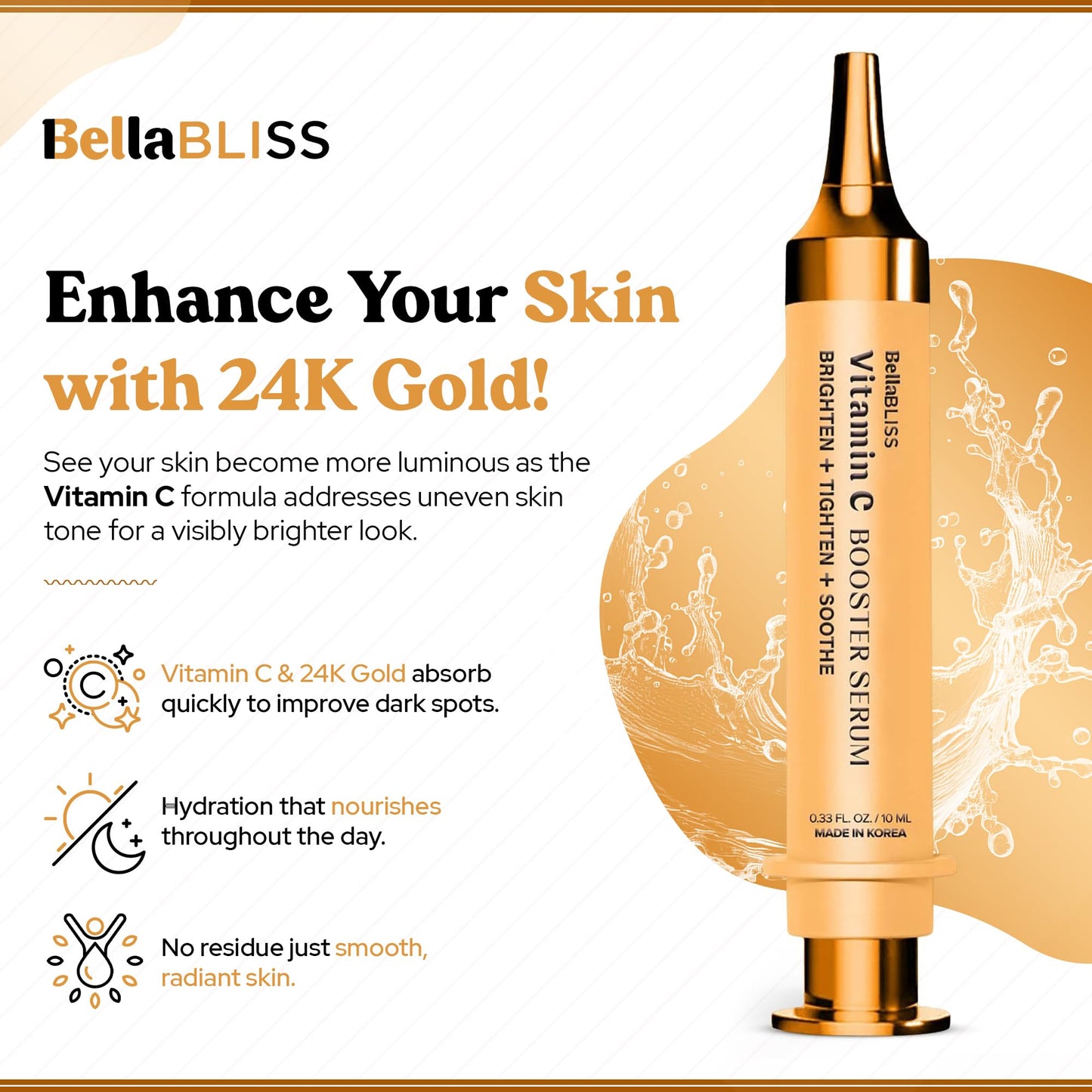 BellaBLISS 24K Gold Vitamin C Eye Serum – Lightweight Under Eye Treatment for Puffiness, Fine Lines & Soothing – Hydrating Formula with Glycerin – Made in Korea – 0.33 fl oz / 10 ml – Pack of 1