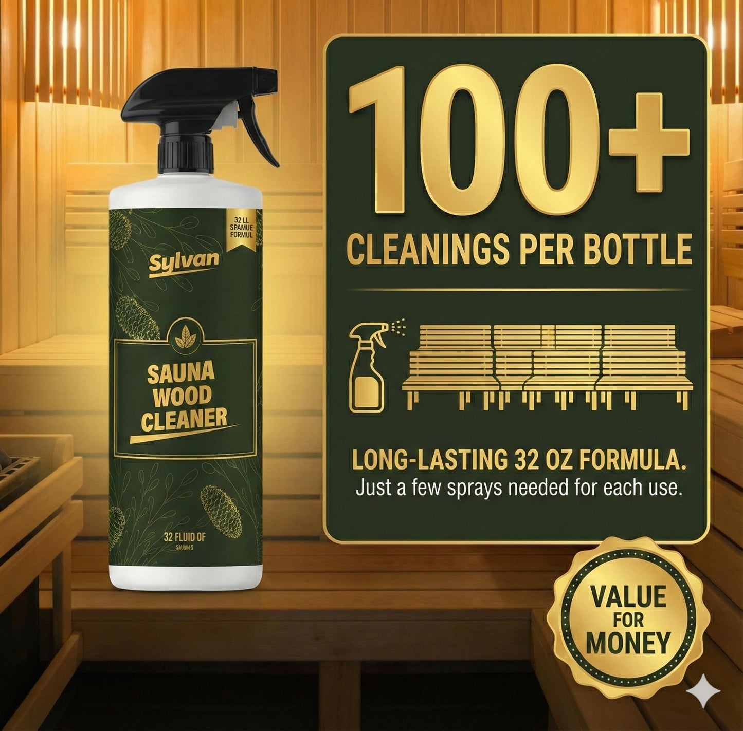 Sylvan Hills Sauna Wood Cleaner 32 oz | Made in the USA | Sauna Spray removes Stains, Sweat & Odors | Fast-Drying & Streak-Free Formula | Natural Wood Cleaner | Long Lasting | Hemlock, Pine, Cedar