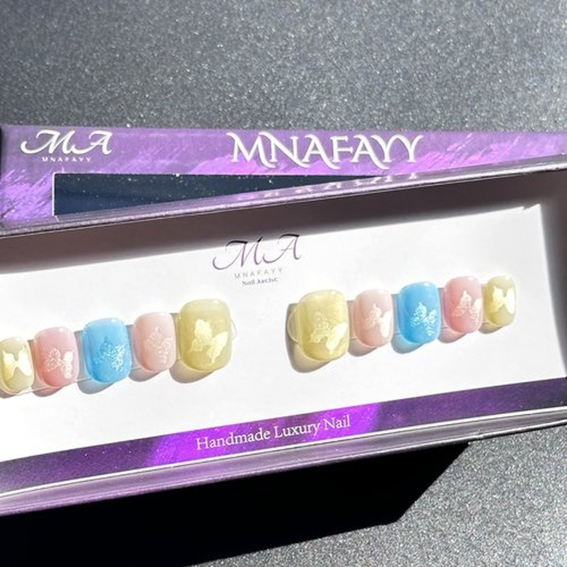 MNAFAYY 100% Handmade Nails Butterfly Color Press On Nails Short Full Cover Luxury Gorgeous Reusable UV Finished Fake False Nails Handpainted Acrylic Nail Kit With Box Gifts Women Mother's Day M