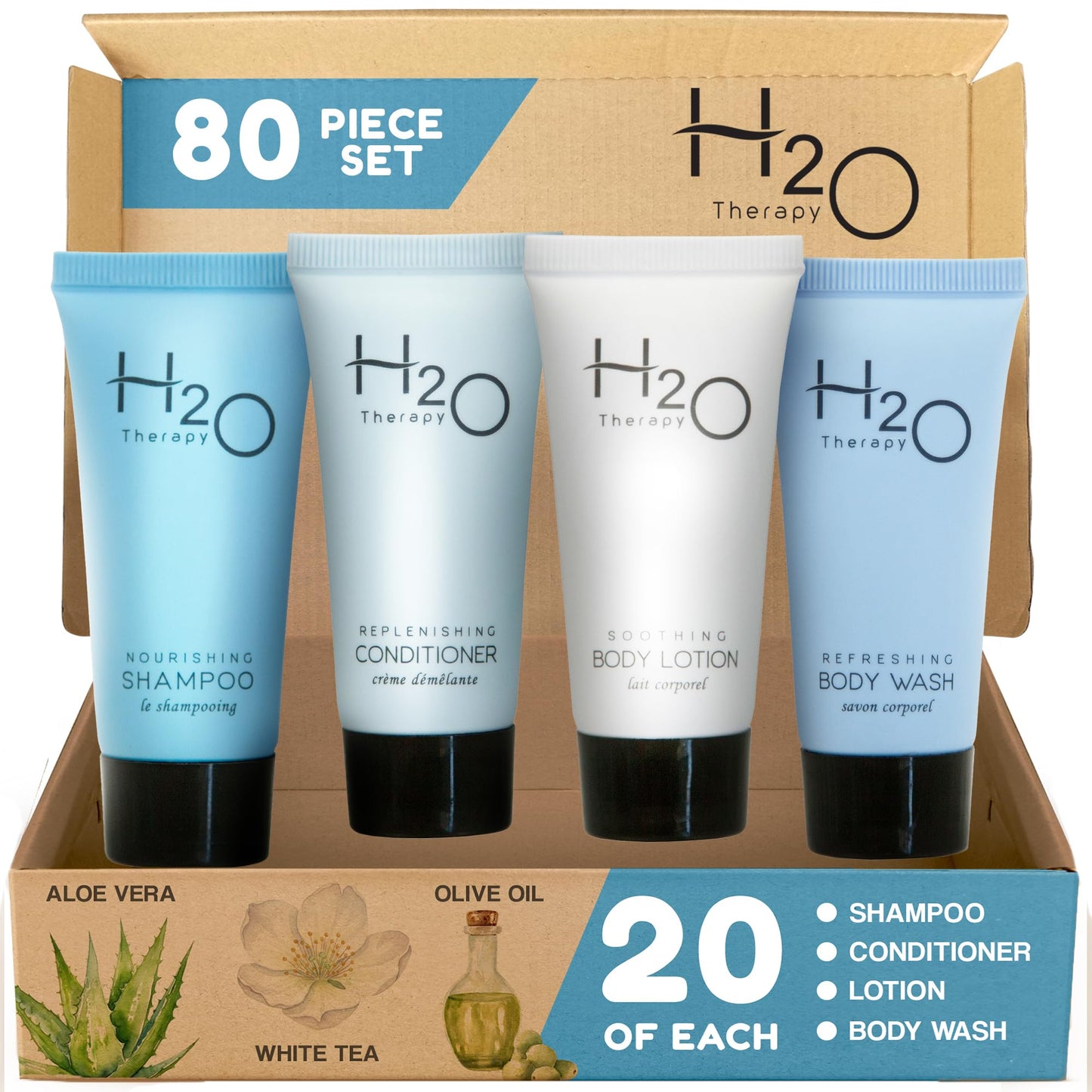 H2O Therapy Hotel Soaps & Toiletries Bulk Set | 1-Shoppe Amenities Kit | 0.85oz Shampoo & Conditioner, Body Wash, Lotion | Travel Size | 80 Pieces