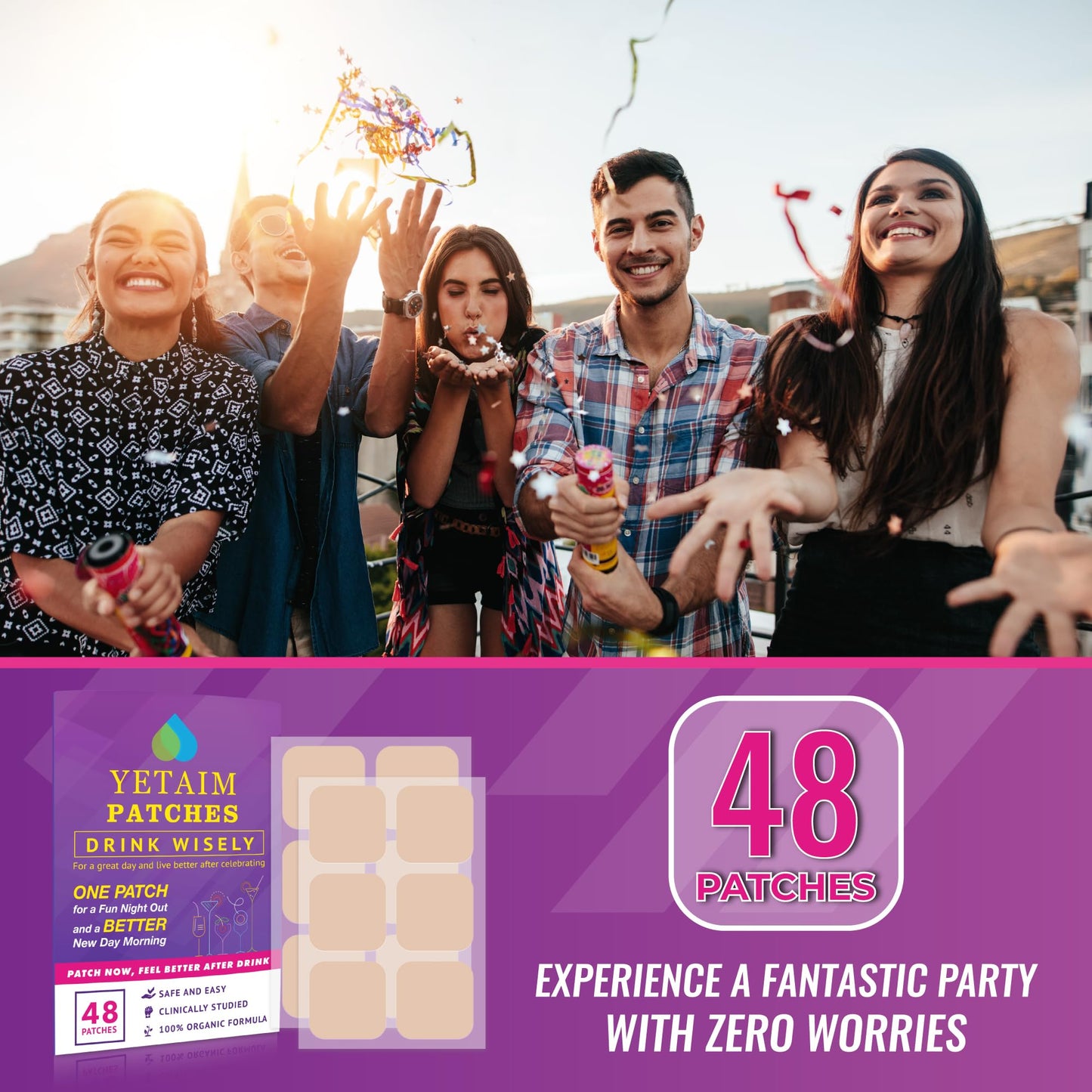 YETAIM Recovery Patches for Men Women: 48 Pack Energy Boost Fast Recovery - Day Night Party Support - Apply on Arm Neck Wrist Back for Party Fun Morning Revival - Power Purple