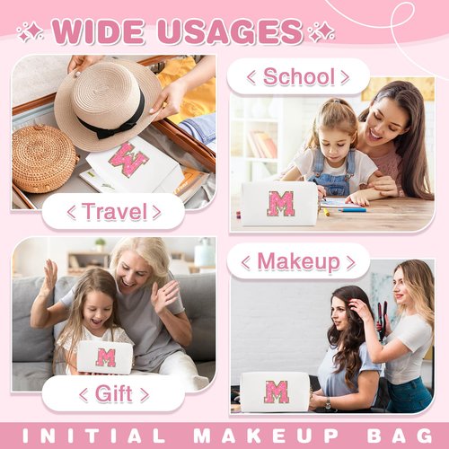 Small Personalized Initial A-Z Patch Makeup Bag,White Cute PU Leather Glitter Letter Cosmetic Bag for Teen Girls,Travel Toiletry Bag with Zipper,Preppy Monogrammed Birthday Gift for Daughter Niece M