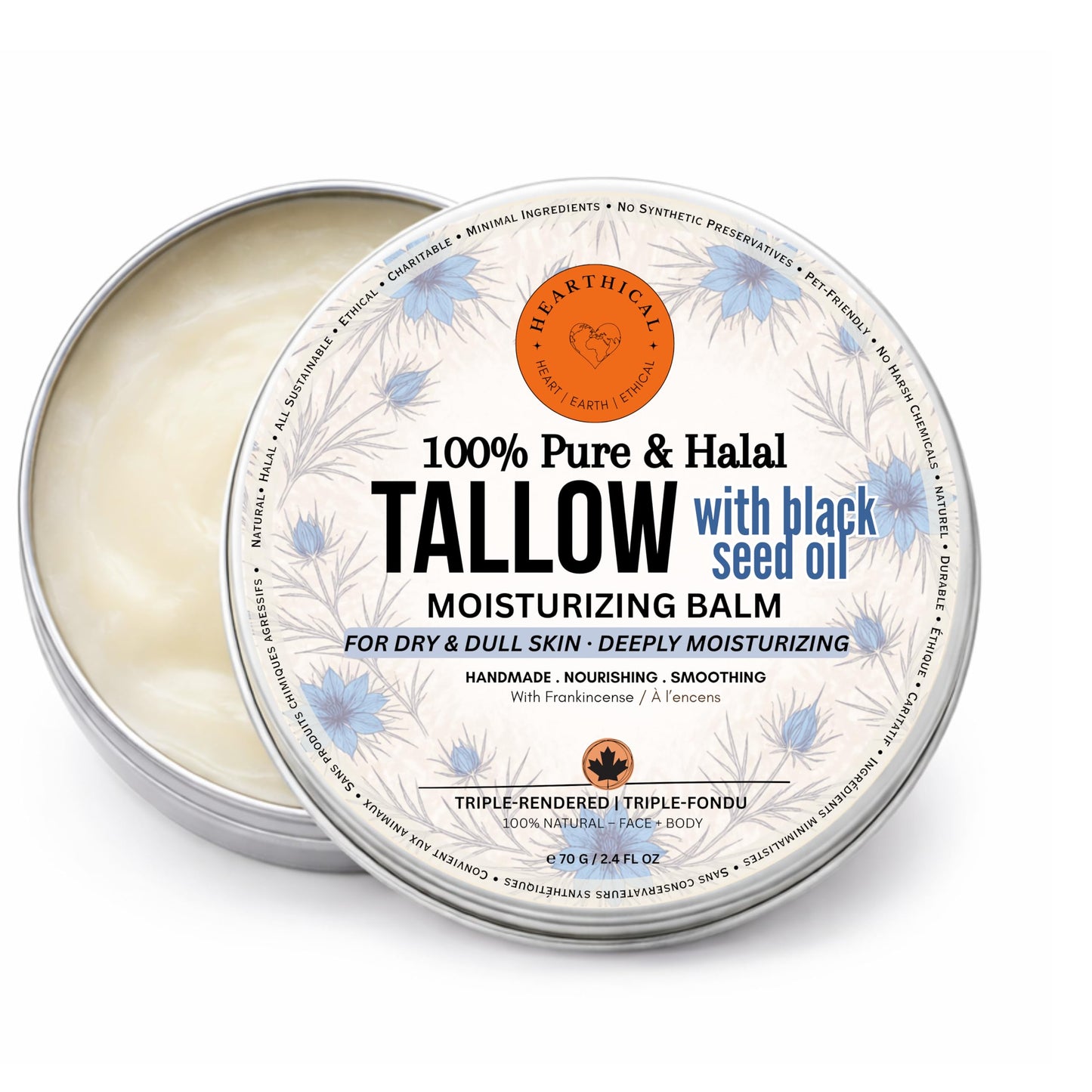 Hearthical Halal Grass Fed Beef Tallow For Skin – 70g Organic Beef Tallow Moisturizer – Beef Tallow Face Moisturizer & Beef Tallow Face Cream – Pure Beef Tallow Balm with Black Seed and Jojoba