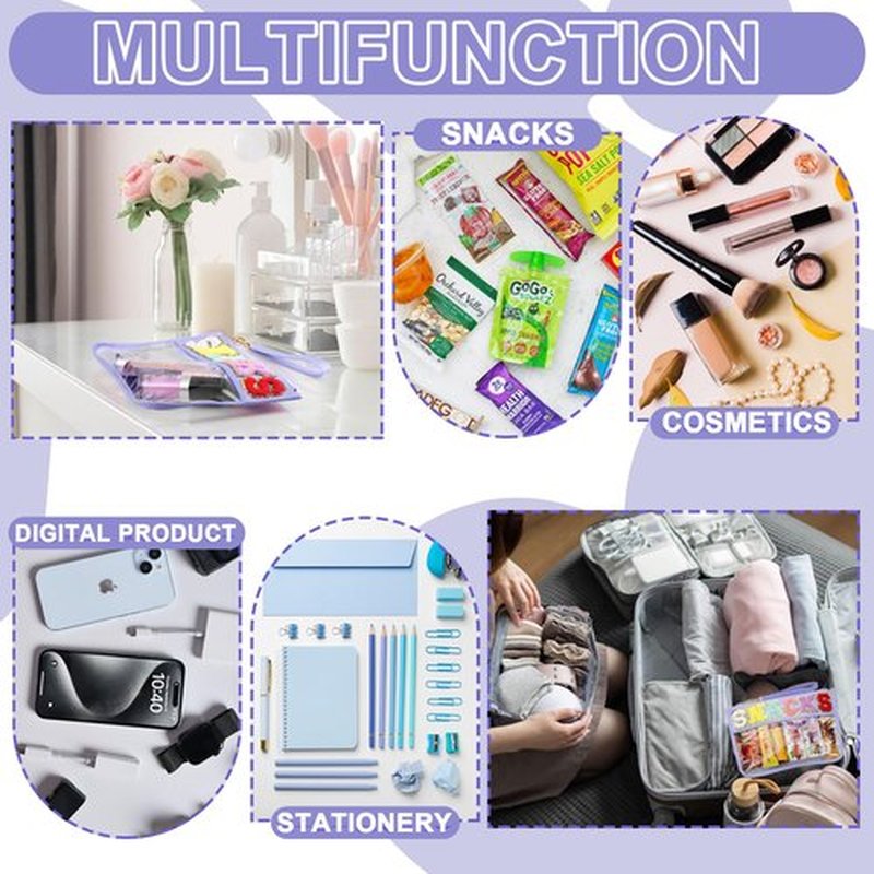 TESAFNG Snack Bag for Travel - Clear Chenille Varsity Letter Flat Pouch with Zipper, Waterproof Clear PVC&PU Preppy Patch Makeup Cosmetic tote Bags for Women Girls (Purple-Snacks)