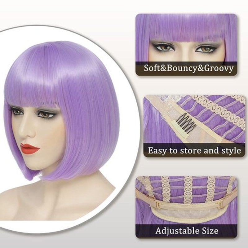 YBYMCAI Purple Bob Wig With Bangs Short Light Purple Bob Wigs For Women Lavender Straight Bob Bangs Wig 10 Inch Heat Resistant Synthetic Hair Natural Looking For Daily