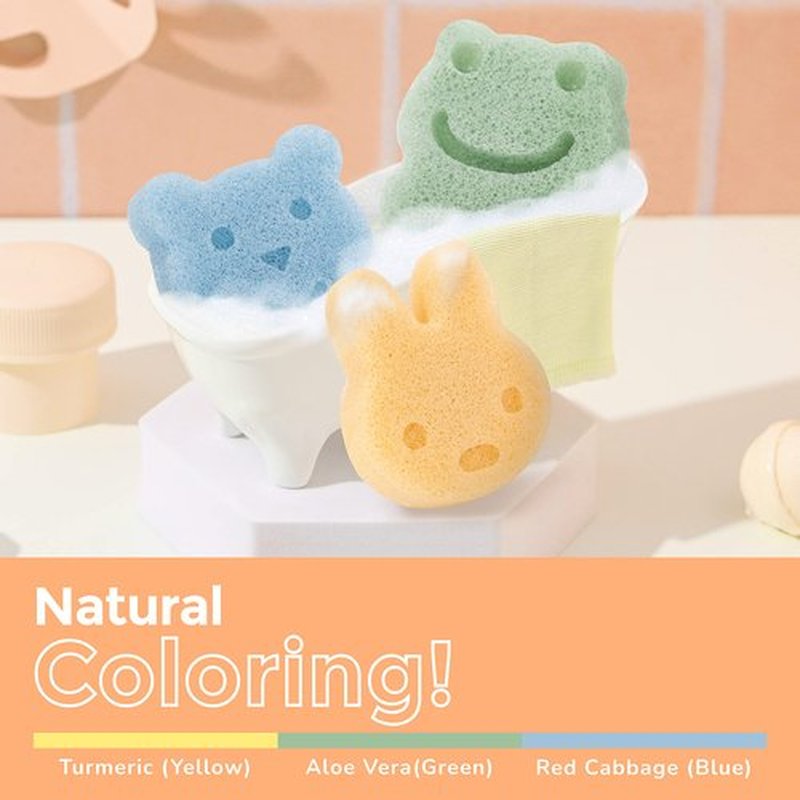 myHomeBody Konjac Baby Sponge for Bathing, Cute Shapes Natural Kids Bath Sponges for Infants, Toddler Bath Time, Natural and Safe Plant-Based Konjac Baby Bath Toys, 3pc. Set: Rabbit, Frog, Bear face