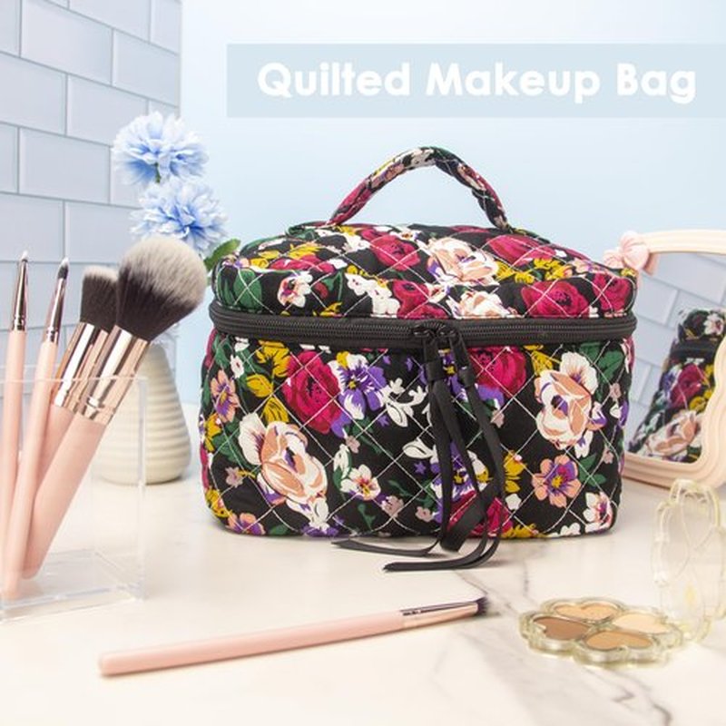 PAZIMIIK Cotton Makeup Bag for Women Large Quilted Travel Cosmetic Case Girls' Make Up Organizer,Floral Black