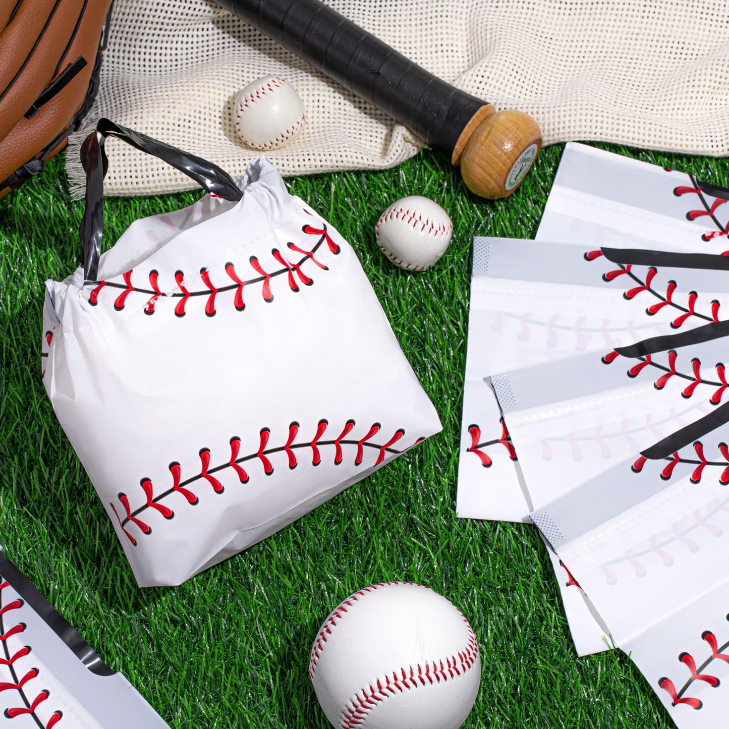 Flutesan 50 Pcs Baseball Party Favor Bags 6" x 8" Plastic Baseball Snack Goodie Bags Drawstring Gift Packaging for Team Kids Boys Birthday Sports Theme Party Favors Supplies