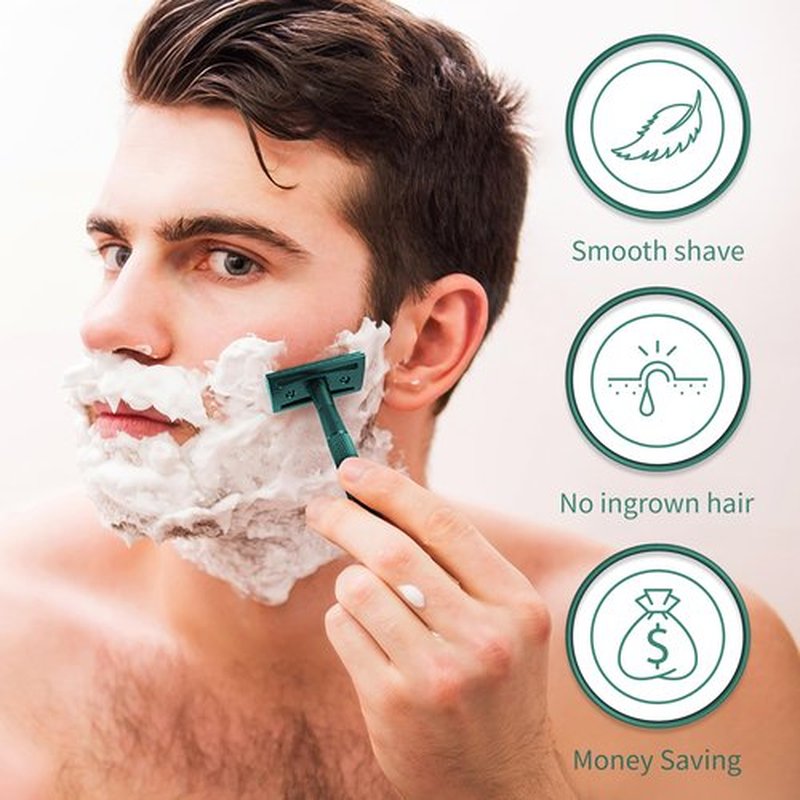 Bambaw Men Safety Razor with 5 Double Edge Safety Razor Blades, Single Blade Razor for Men & Women, Plastic Free Metal Razor – Sea Green