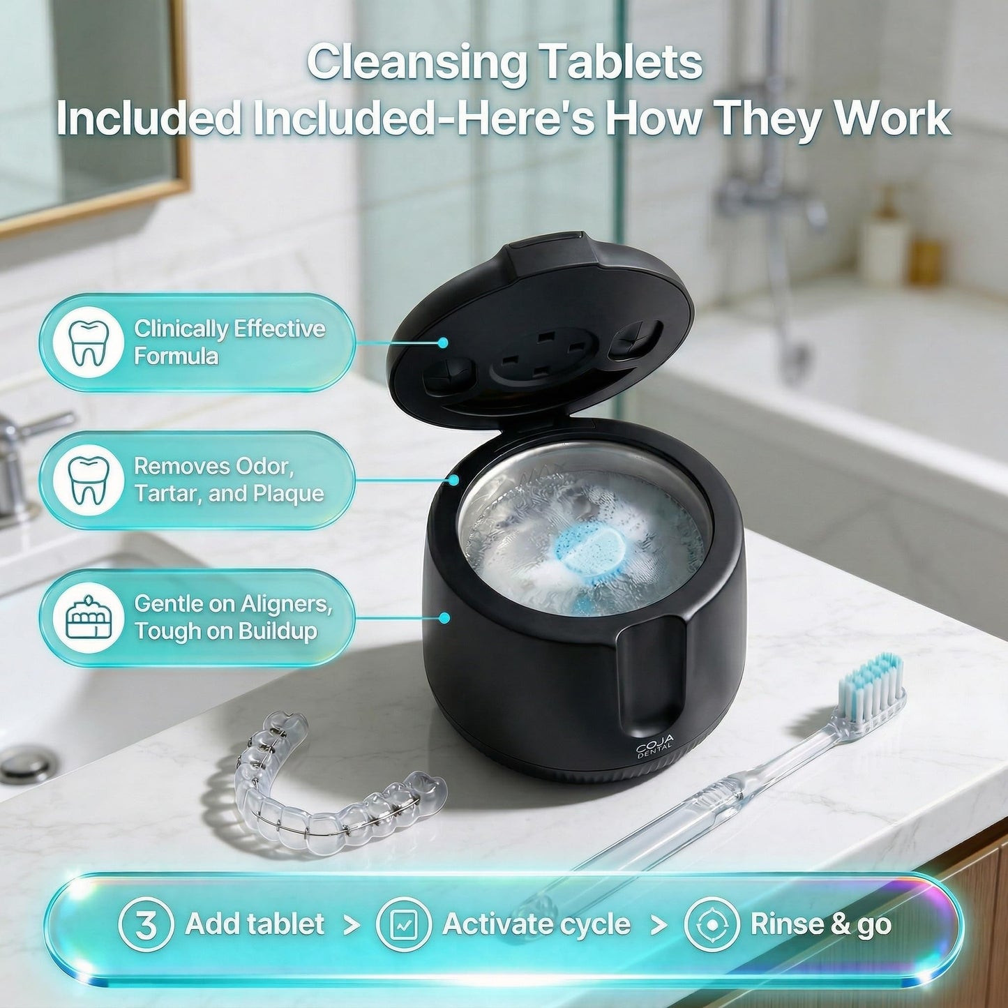 COJA Dental Cleansing Pod PRO + UV | Rechargeable Ultrasonic Retainer Cleaner Machine | 48kHz Ultrasonic Dental Pod for Mouthguard, Dentures & Aligners | 3 Cleaning Modes | Tablets Included