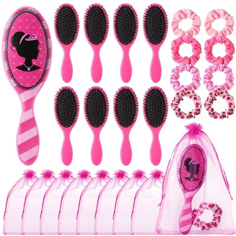 Hotop 24 Pcs Hot Pink Girl Princess Party Favors for 8 Girls, Girl Party Supplies Include 9 Inch Hair Brush for Girls Detangling Brush Scrunchies Organza Bag for Makeup Kit Hair Accessories