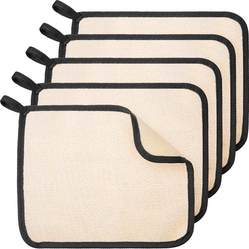 Tatuo 5 Pcs Exfoliating Face and Body Wash Cloths Towel Weave Bath Cloth Exfoliating Scrub Cloth Massage Bath Cloth for Women and Men, 10.63 x 9.05 Inch (Black Edge)