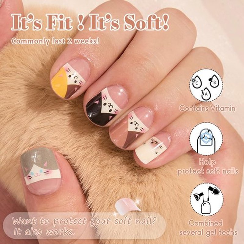 GelMala Gel Nail Strips Cute French Design with Kitty French Tip Gel Nail Stickers, Long Lasting, Easy to Apply & Remove -Gel Nail Strips for Nails Manicure Nail Wraps，Easy for begginners (Kittens)