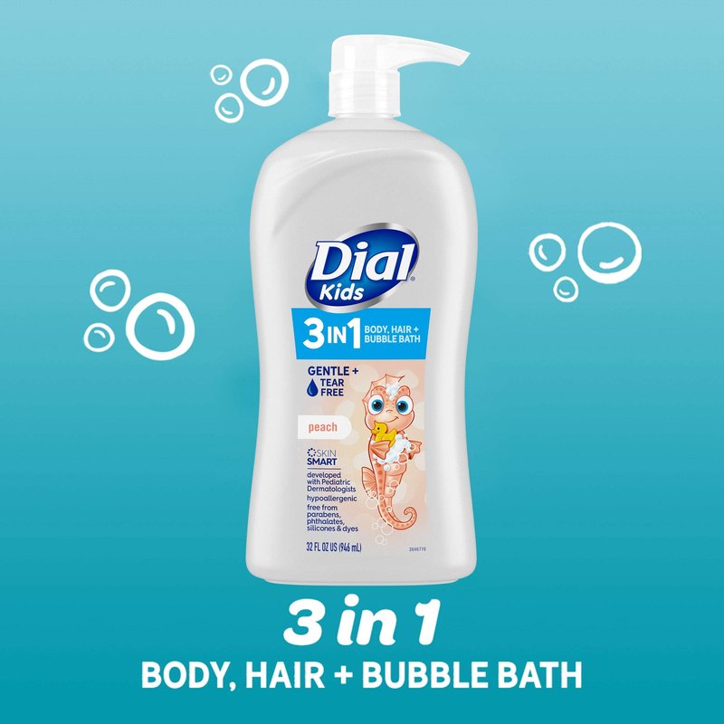 Dial Kids Body+Hair Wash, Melon, 32 fl oz & 3-in-1 Body+Hair+Bubble Bath, Peach, 32 fl oz Bundle