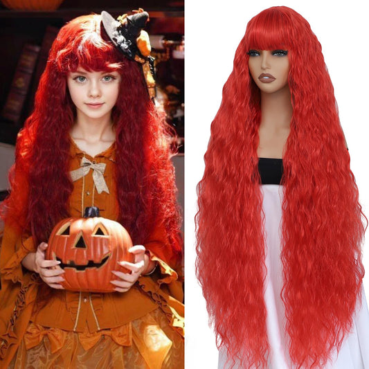 Aliesencia 40 Inch Long Curly Synthetic Wig with Bangs Long Wavy Wig for Women Natural Style Wig Bounce Fluffy Wig Red Cosplay Wig for Halloween Heat Resistant Wig for Party Daily Use(Red)