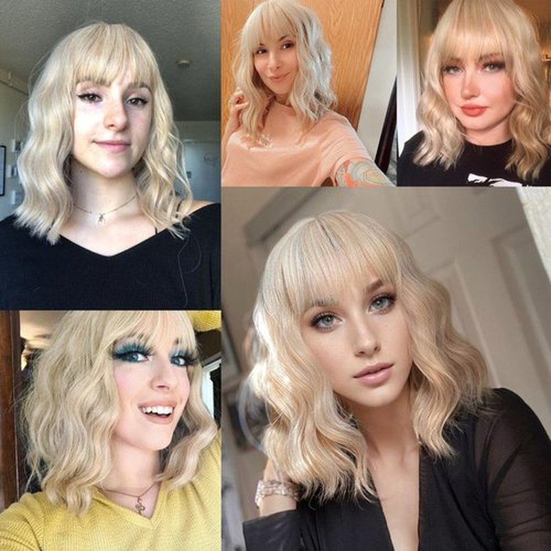 VCKOVCKO Natural Blonde Wigs With Air Bangs for Women Women's Shoulder Length Wigs Curly Wavy Synthetic blonde wig with bang Wigs Blonde Wig for White Women Girls Colorful Wigs(12", Mix Blonde)