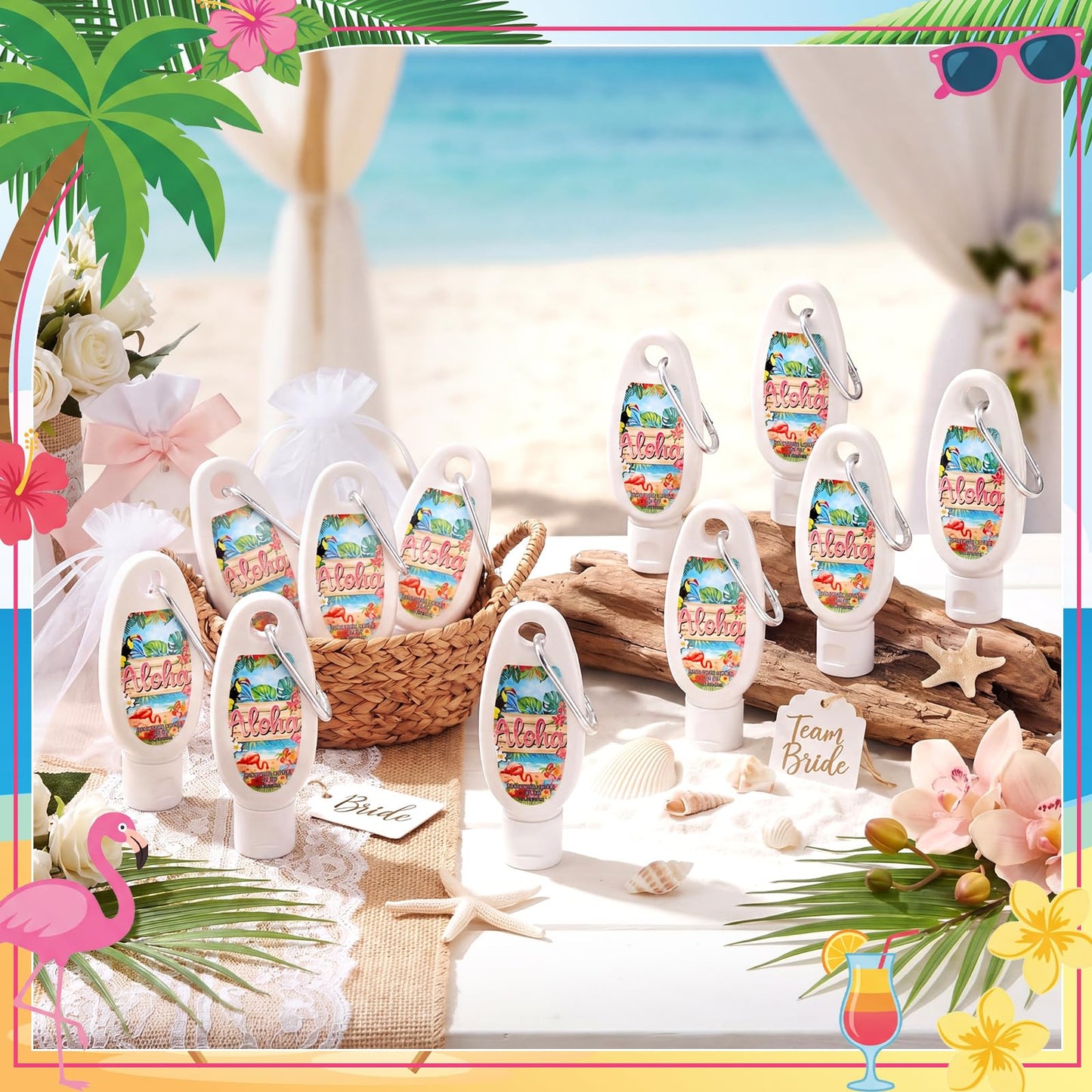 Leelosp 30 Pcs Luau Party Mini Sunscreen with Carabiner Bulk Travel Size 1 Fl. oz. Spf 30 Water Resistant Mini Sunblock Lotion Keychain Tropical Summer Beach Pool Aloha Haiwaii Party Supplies