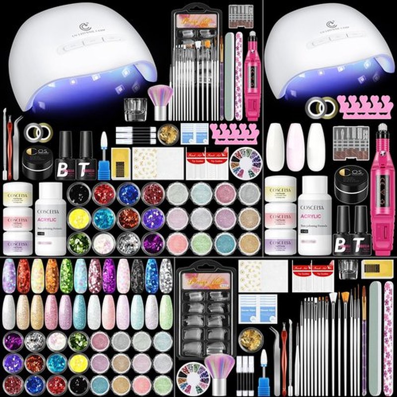 COSCELIA Acrylic Nail Kit with Drill and U V Light, Clear Pink White Acrylic Powder 36pcs Glitter Powder Acrylic Starter Kit Nail Tips Nail Art Decoration for Women