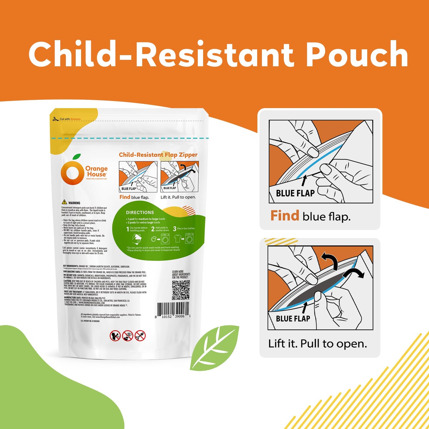 ORANGE HOUSE Laundry Detergent Pods, Natural Plant-Based Detergent with Orange Oil｜Hypoallergenic, Child-Resistant Pouch, Free & Clean, Scent-Free, HE & Standard Machine Compatible. 54 Count