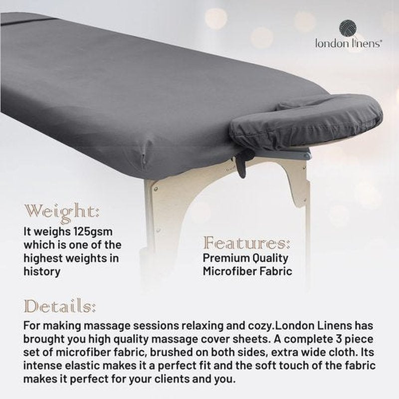 LONDON LINENS Soft Microfiber Massage Table Sheets Set 3 Piece Set - Includes Massage Table Cover, Massage Fitted Sheet, and Massage Face Rest Cover (Grey)