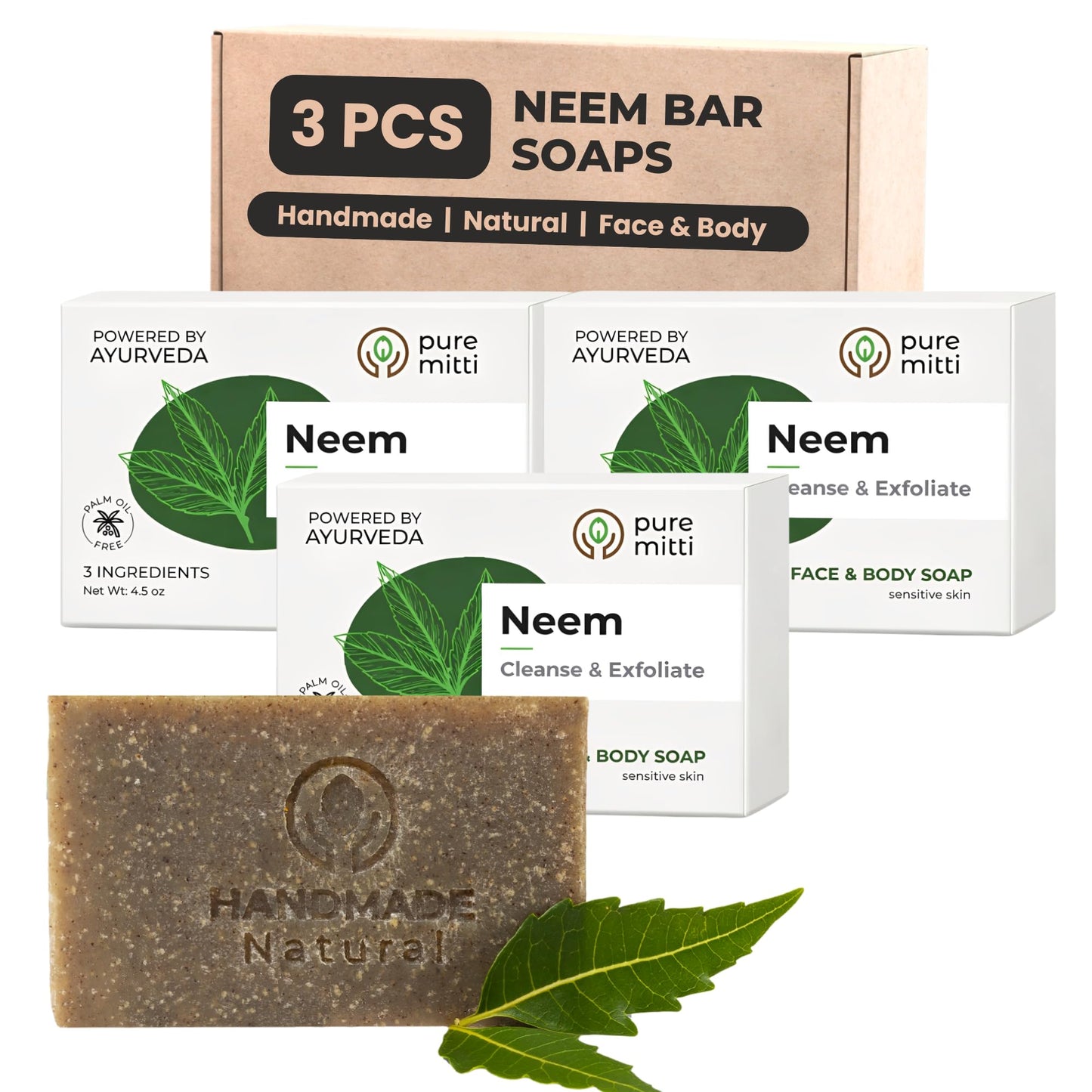 Pure Mitti Neem Soap Bars [4.5 oz x 3 Pcs.] Organic Ayurvedic Soap for Face & Body with Neem, Castor Oil & Coconut Oil – Cold Process, Plastic-Free, Herbal Cleansing