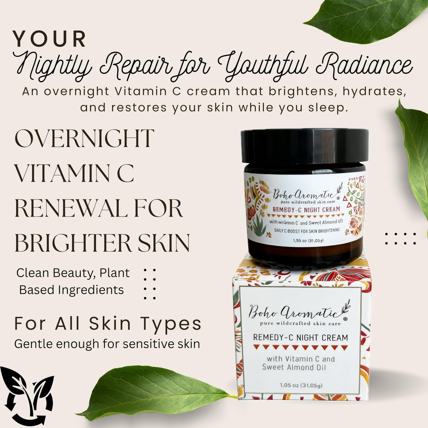 Vitamin C Night Cream for Face, Brightening Vitamin C Moisturizer Face Cream – Hydrating Rich Night Serum Cream in Eco-Friendly Glass Jar, cruelty free by Boho Aromatic Remedy-C