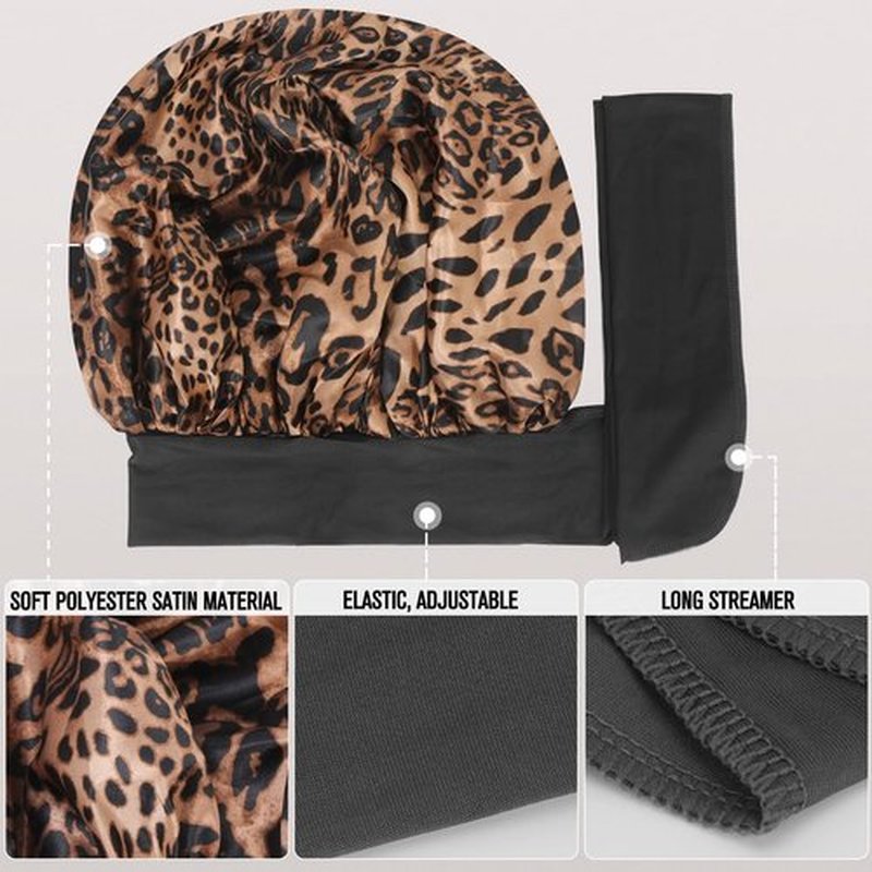 Arqumi 2 Pcs Cheetah-Print Satin Silk Bonnet for Sleeping Women, Large Cute Bonnet with Long Strap Tie Band Adjustable Sleep Night Cap Hair Bonnet for Men Long Short Hair, Black+Leopard Print
