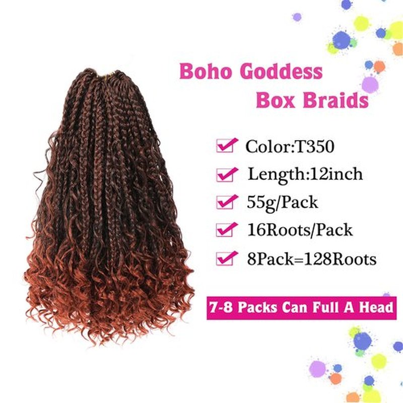 12inch Goddess Box Braids Crocht Hair Bob Goddess Box Braids Curly Ends Crochet Box Braids Pre-looped Synthetic Crochet Hair Extensions 16strands/pack (12inch(Pack of 8), T350)