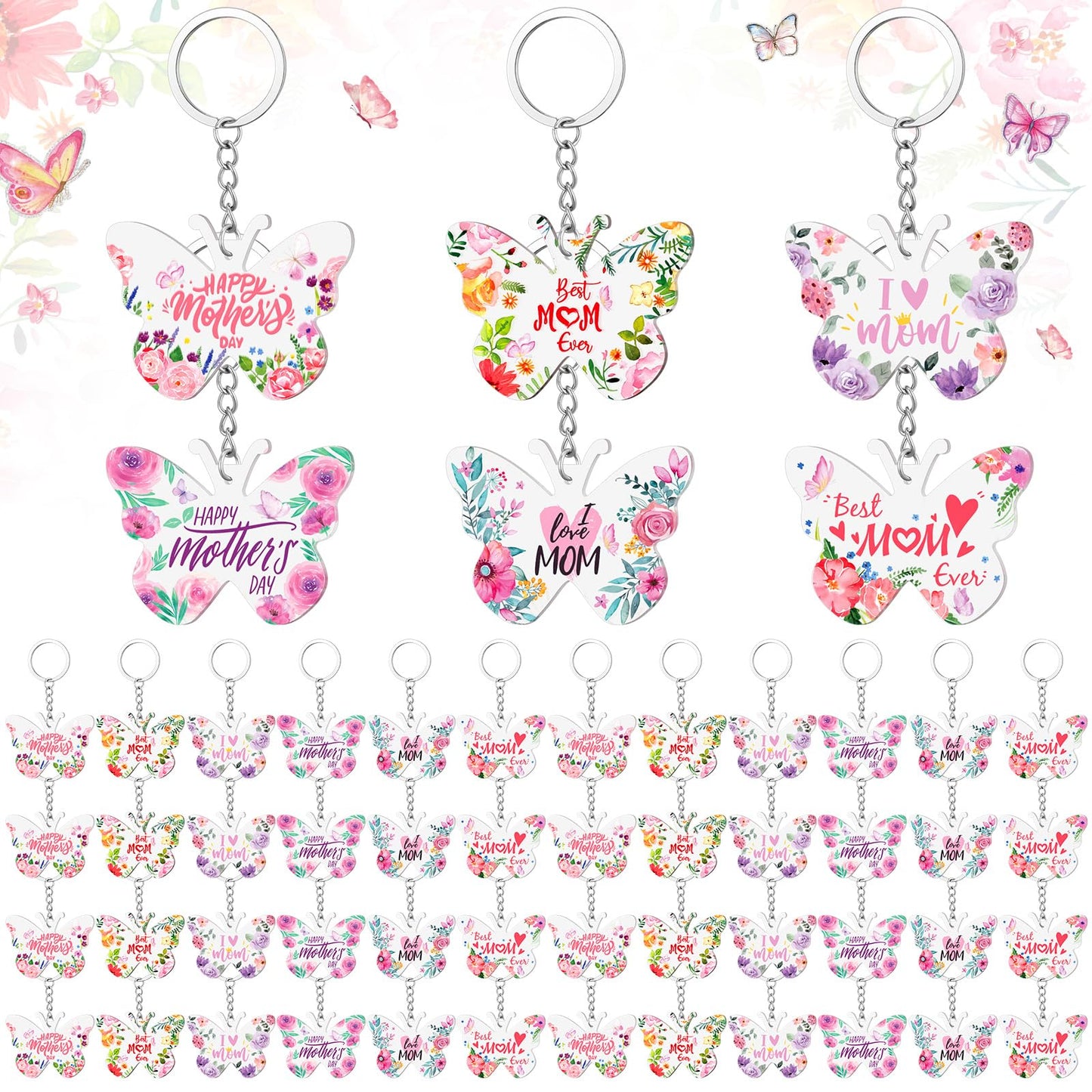 Kigeli 48 Pcs Mom Appreciation Gifts Keychain Bulk Floral Best Mom Ever Keychain from Daughter Son for Mother Birthday Christmas (Butterfly)