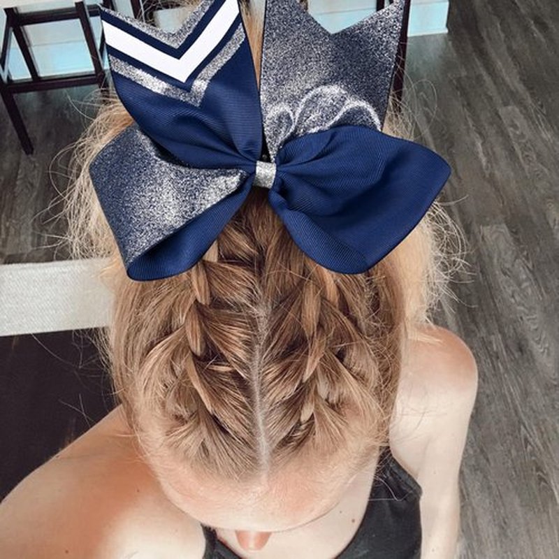 DEEKA 8PCS 8" Two Toned Large Glitter Cheer Bows Shiny Cheer Hair Bows Ponytail Holder Handmade for Cheerleader Girls Softball Sports -g Silver/Navy
