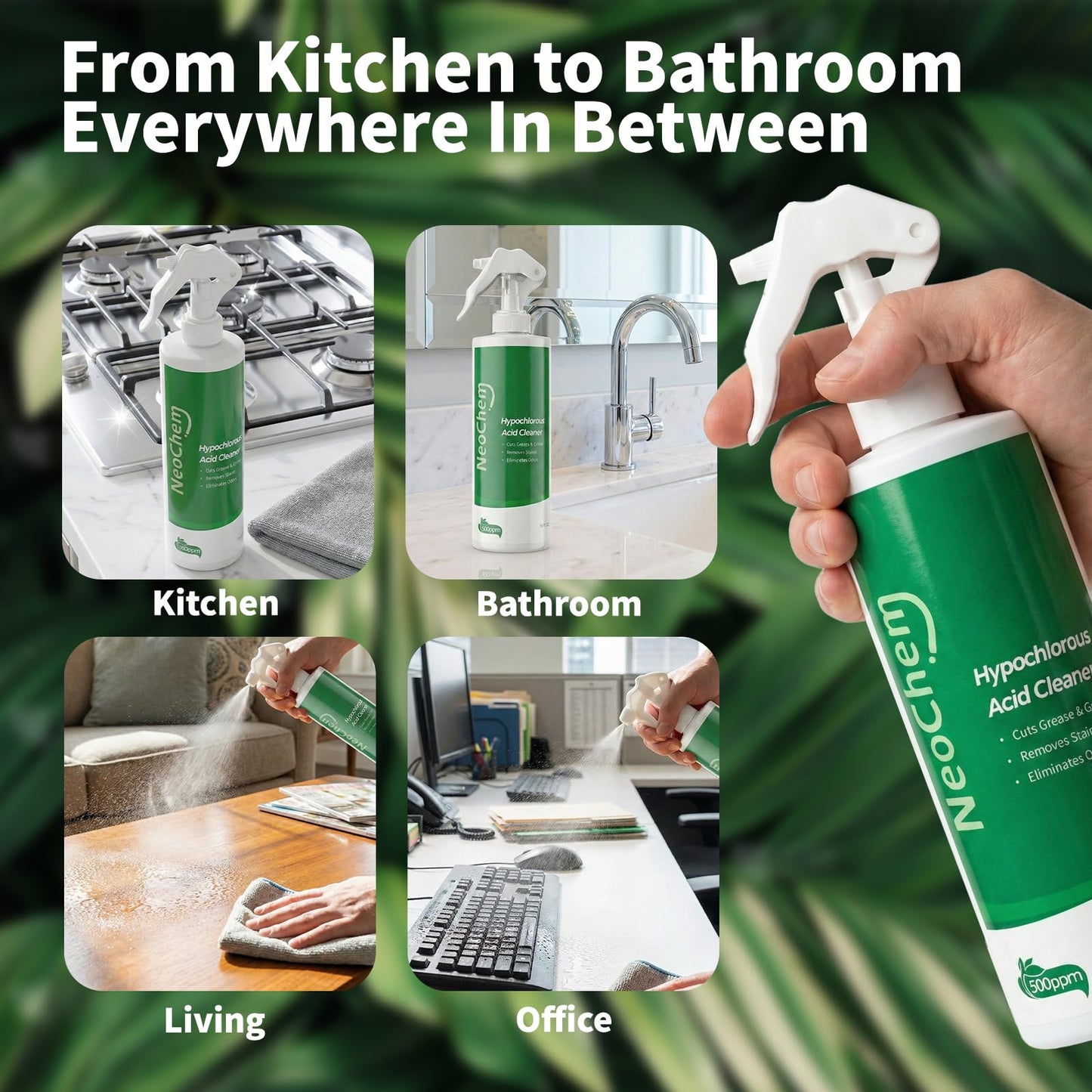 NeoChem Hypochlorous Acid Spray For Cleaning, 500ppm Hypochlorous Acid,Cuts Grease, Removes Stains, Eliminates Odors - No Rinse, No Harsh Fumes, Biodegradable