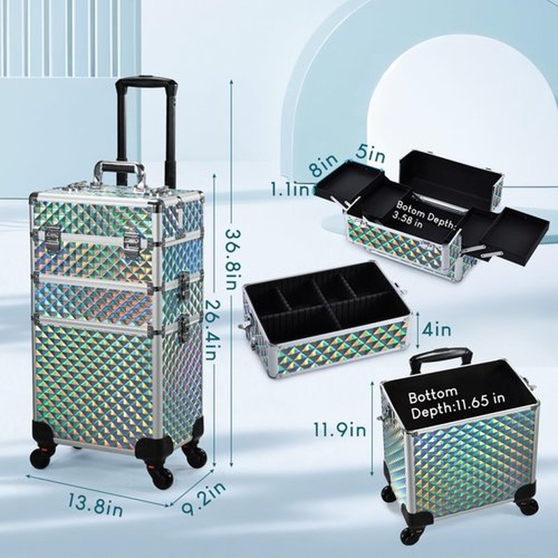 FRENESSA Rolling Makeup Case Cosmetology Case on Wheels 3 in 1 Cosmetic Trolley Large Storage Organizer Salon Barber Case Traveling Cart Trunk for Esthetician Nail Tech Mobile Stylists, Blue