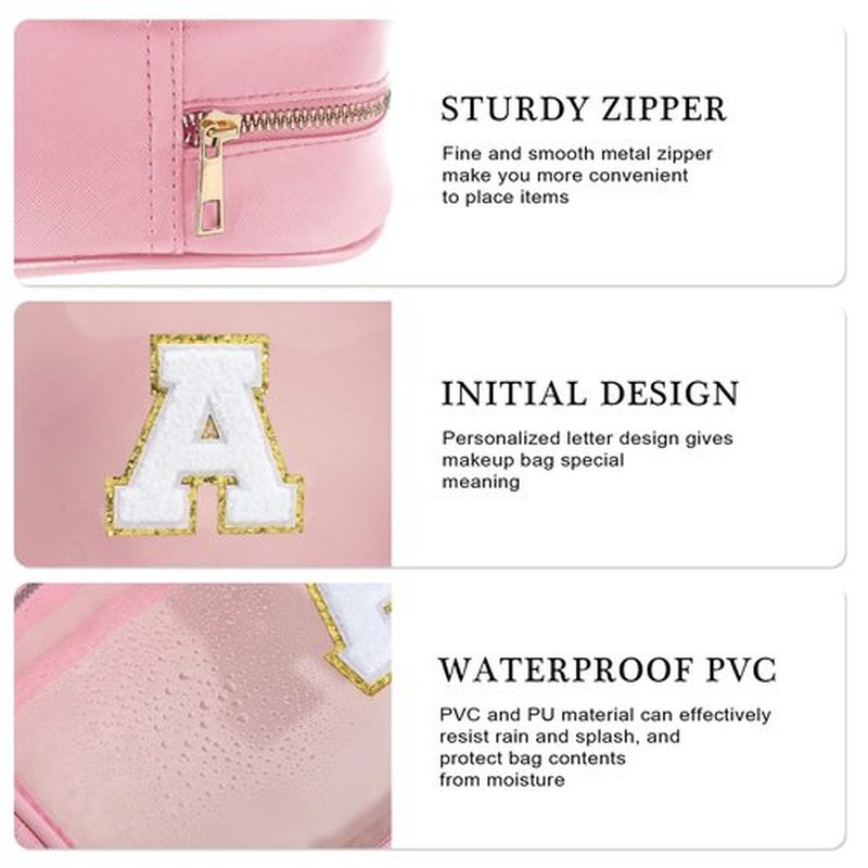 YOOLIFE Initial Clear Makeup Bag Make Up Bag Travel Toiletry Bag Preppy Cosmetic Bags Organizer Travel Essentials Pink Gifts for Women Teen Girlfriend Teacher Mom Brithday Gifts Clear Toiletry Bag A