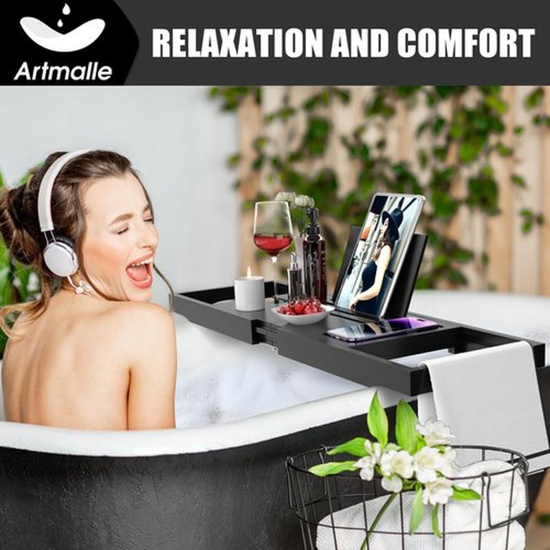Artmalle Bathtub Tray for Tub, Expandable Bamboo Bath Caddy Tray with Book Stand for Home Spa Relaxing, Foldable Minimalist Bathroom Accessories for Women Men (Simple, Black)