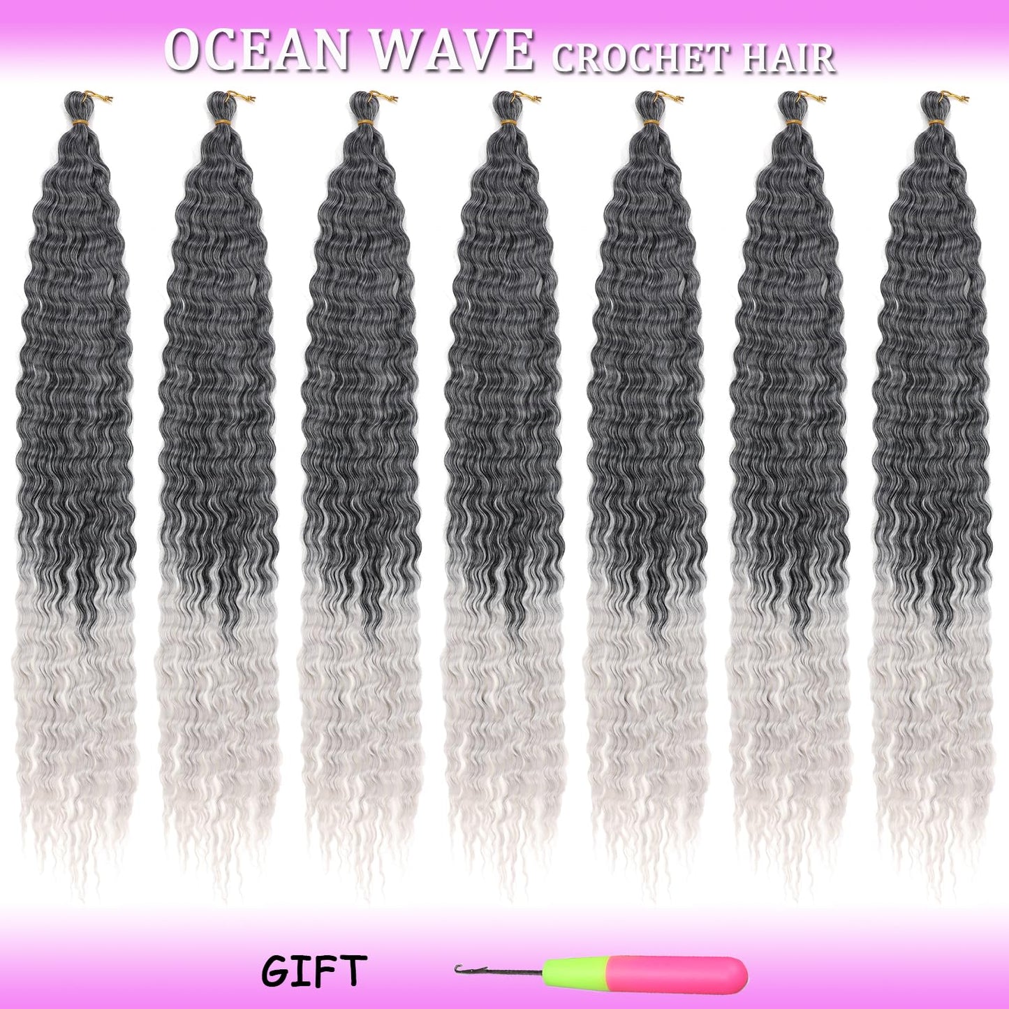 ZRQ Soft Ocean Wave Crochet Hair 30 inch 7Packs Omber Black Grey Deep Twist Wave Crochet Hair Synthetic Curly Crochet Hair Wavy Crochet Hair Extensions #T1B/Grey