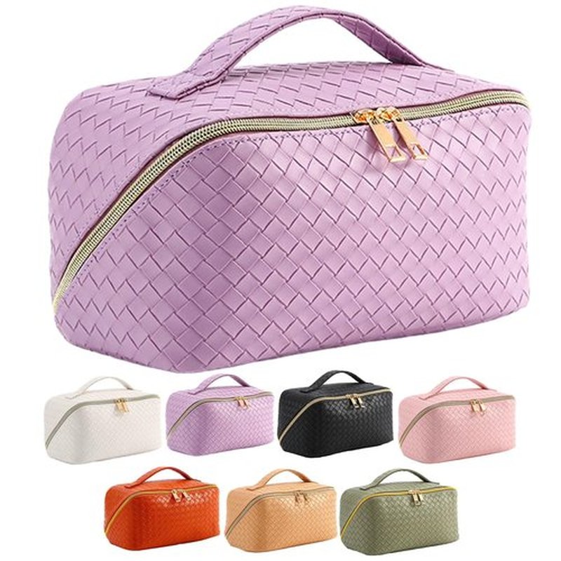 Large Capacity Makeup Bag, Cosmetic Bag Leather Woven Cosmetic Travel Bag Roomy Double Layer Makeup Bags for Women Makeup Pouch Portable Zipper Bags (Purple)