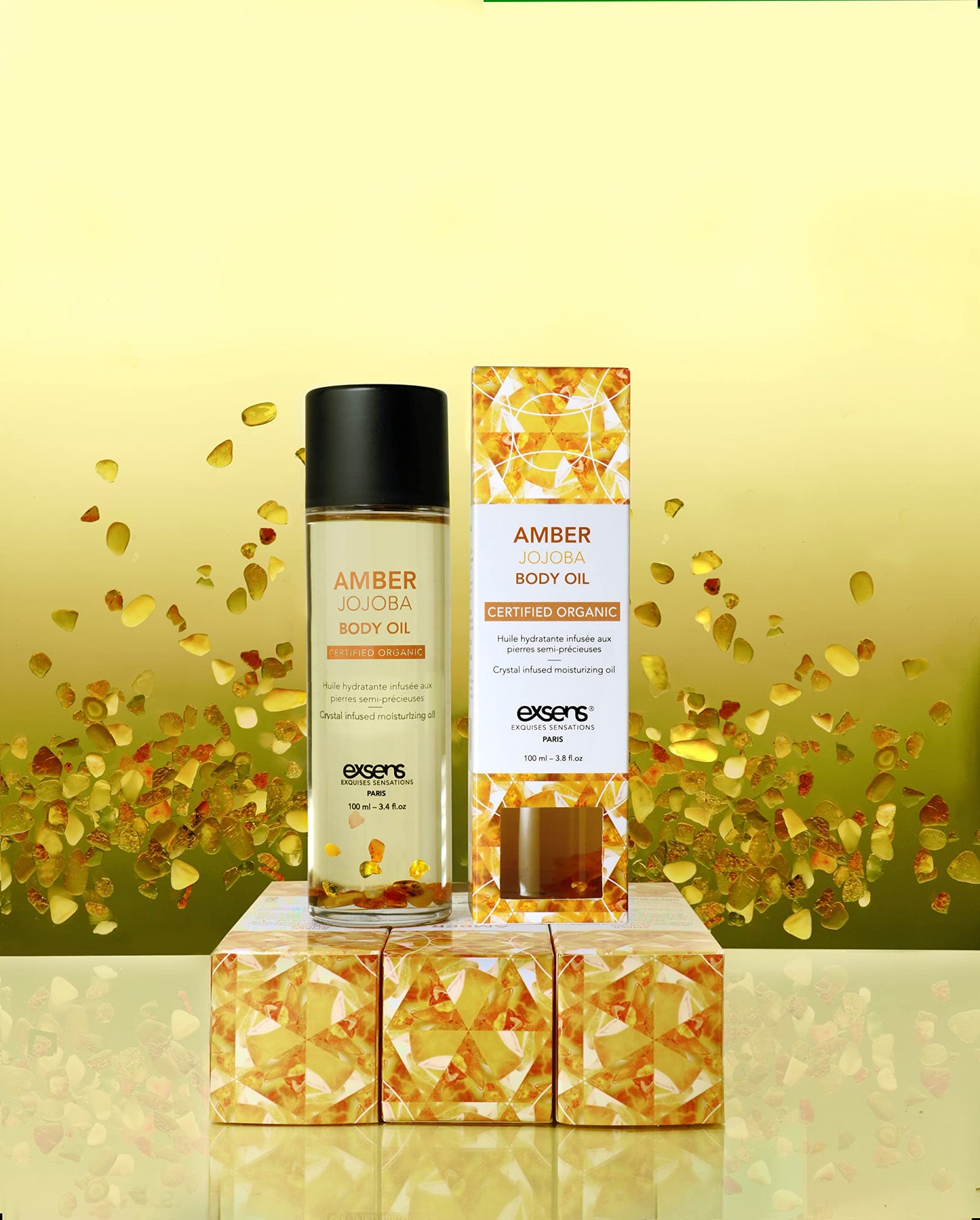 EXSENS Amber Jojoba Crystal Body Oil, Certified Organic Moisturizing Oil for Skin & Hair, Real Amber Crystals in Every Bottle, Vegan, Paraben-Free, GMO-Free, Cruelty-Free, Natural Scent, 3.8 fl oz